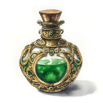 Steampunk Green Potion Bottle Watercolor Illustration