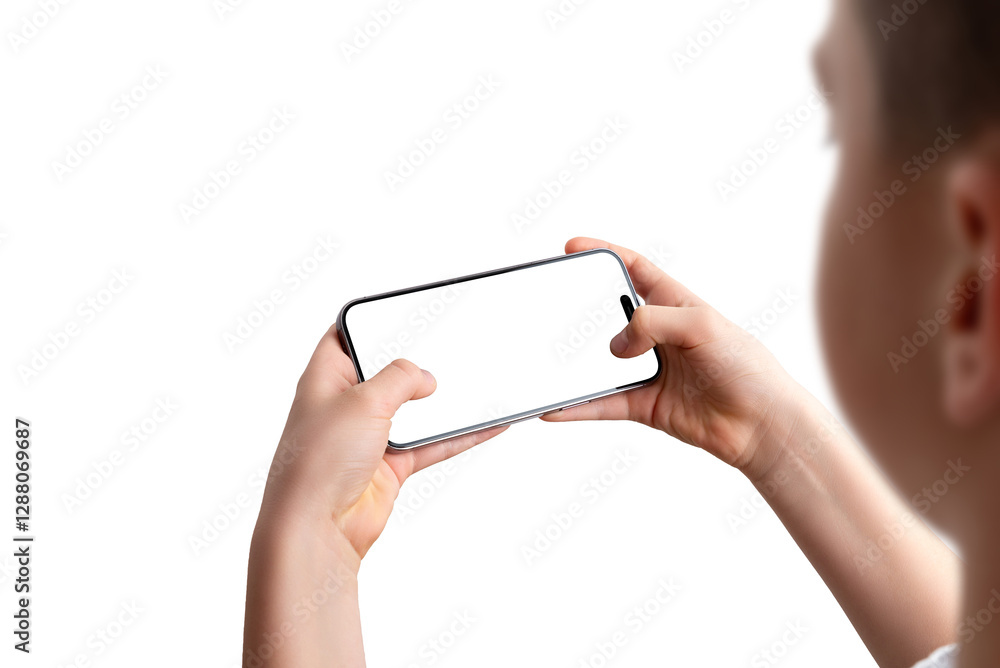 Poster boy holds a smartphone horizontally, seen from behind. isolated display and background, perfect for 