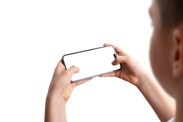 Boy holds a smartphone horizontally, seen from behind. Isolated display and background, perfect for video game promotion or interactive app mockup.