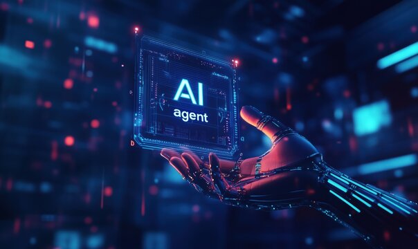 AI agent technology showcased in futuristic digital environment with robotic hand
