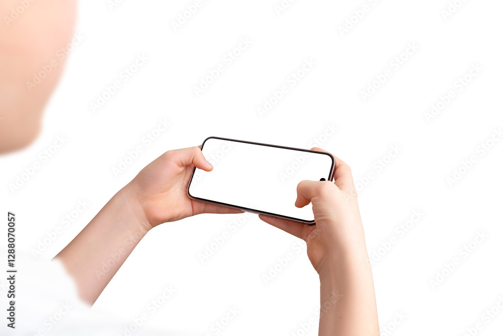 Aufkleber Boy holds a smartphone in a gaming position, using both thumbs on the screen. Over-the-shoulder view, isolated display and background, perfect for game promotion.