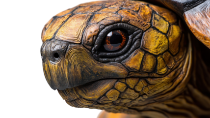 Detailed close-up of a turtle highlighting its textured shell and vibrant eye color in natural setting