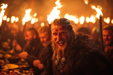 Obraz premium Celebration of warriors at a night feast with torches illuminating the atmosphere and joy among the crowd