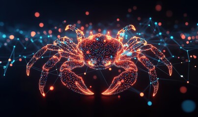 Digital crab illustration with glowing particles and network connections