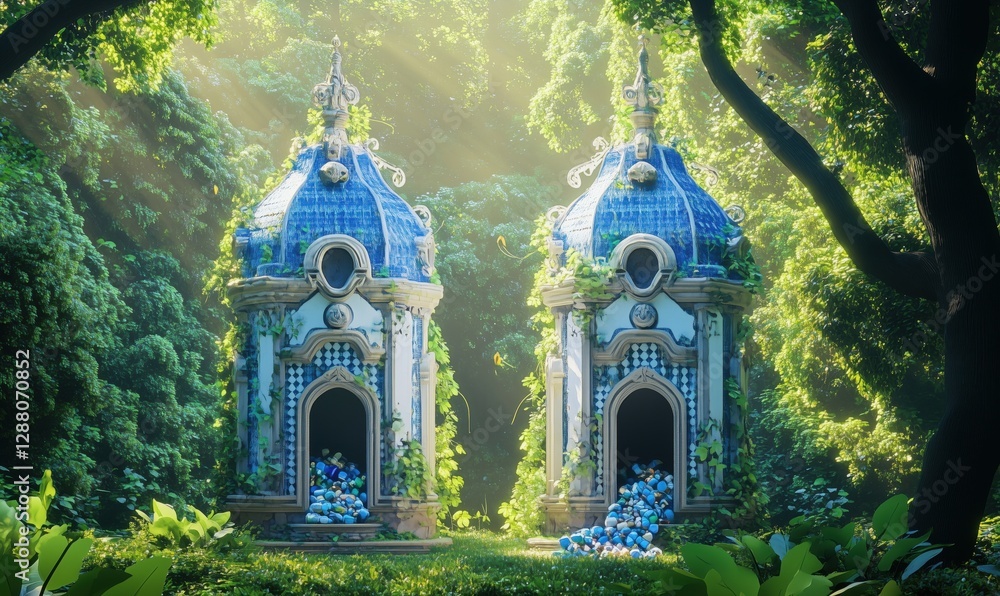 Poster enchanting blue domed structures nestled in lush green forest with sunlight filtering through trees