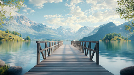 Fototapeta premium Scenic wooden pier lake mountain landscape view peaceful serenity nature sky blue calm water green