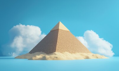 Pyramid structure against blue sky with clouds and sandy base