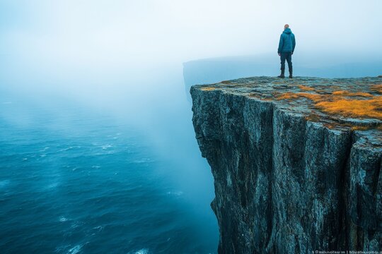 Man stands on a misty cliff edge overlooking a vast ocean view with dramatic rock formations in the distance