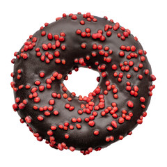 Single donut decorated with dark chocolate icing and red sprinkles