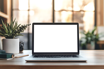 Fototapeta premium Minimalist workspace featuring a blank laptop screen on a wooden desk with a notebook and pen, surrounded by greenery and large windows, perfect for remote work inspiration. 
