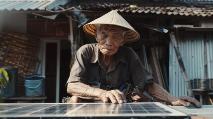 Old Thai people install solar cells on the roof Male engineer quality control solar panel industry telephoto lens realistic bright-dark contrast lighting