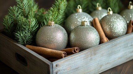 Silver Glitter Christmas Ornaments in Wooden Tray with Cinnamon and Fir