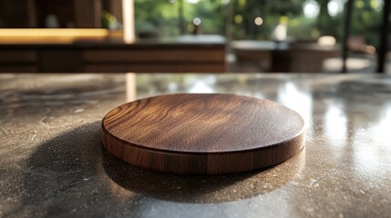 Obraz premium Wooden coaster on marble, kitchen background