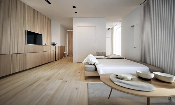 Interior of a modern house with light colors and cozy wooden. Generative AI Technology 