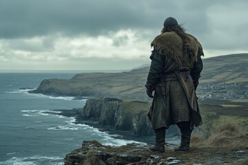 Dramatic coastal landscape with a figure overlooking the ocean and cliffs during an overcast day