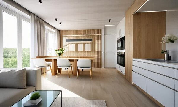 Interior of a modern house with light colors and cozy wooden. Generative AI Technology 