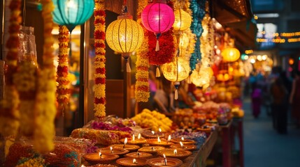 Colorful Lanterns and Flower Garlands at a Night Market