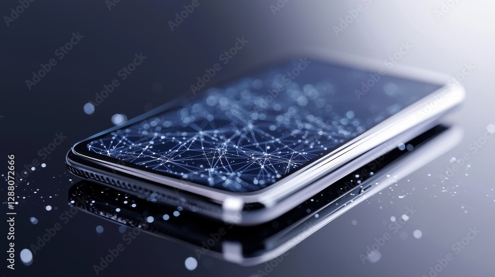 Poster mobile phone shown close up with a hologram and data network in the background