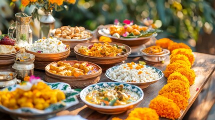 Fototapeta premium Colorful Indian Food Buffet on Rustic Wooden Table