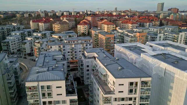 Lilla Essingen - urban waterfront homes in Stockholm. Drone shot.
