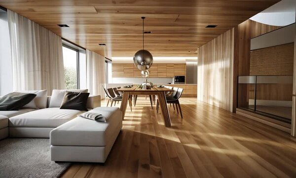 Interior of a modern house with light colors and cozy wooden. Generative AI Technology 