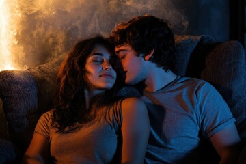 A young couple cuddles intimately on a couch, bathed in warm and cool light, creating a romantic and intimate atmosphere.