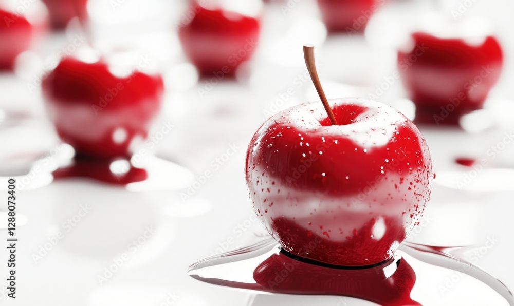 Poster red apples surrounded by glossy red liquid creating a surreal and artistic composition