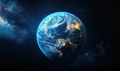 Fototapeta premium Earth viewed from space showcasing illuminated continents and starry background