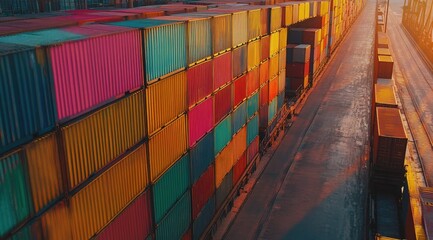 Fototapeta premium Vibrant stacks of colorful shipping containers at a port, bathed in the warm glow of sunrise. A captivating scene of global trade and logistics.