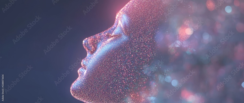 Poster isolated on black, a lilac-colored digital hologram of a futuristic face is connected via a neuron l