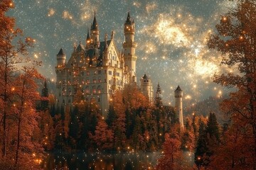 Fototapeta premium Magical castle at night, autumn forest, starry sky. Possible use wallpaper, greeting card