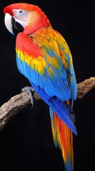 Obraz premium Vibrant macaw perched on a branch showcasing stunning colorful feathers in a natural setting