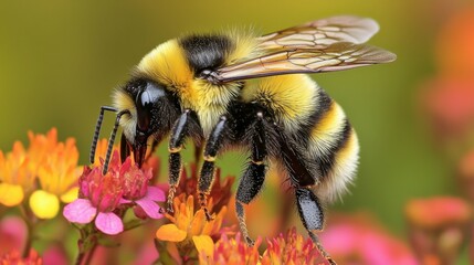 Close-up view of a bumblebee collecting pollen from colorful flowers in a garden during sunny spring weather