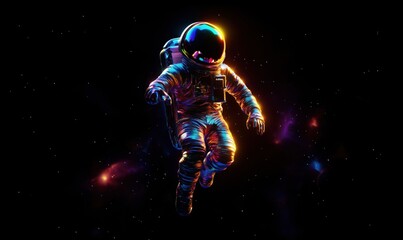 Fototapeta premium Colorful astronaut floating in space with vibrant cosmic background and glowing suit