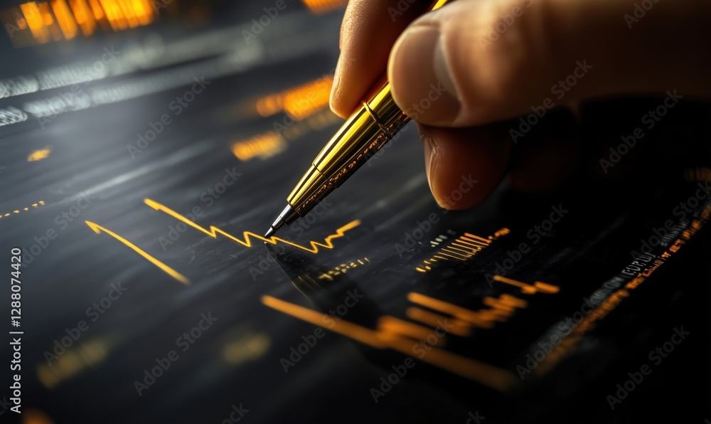 Poster analyzing financial data with pen on digital graphs and charts