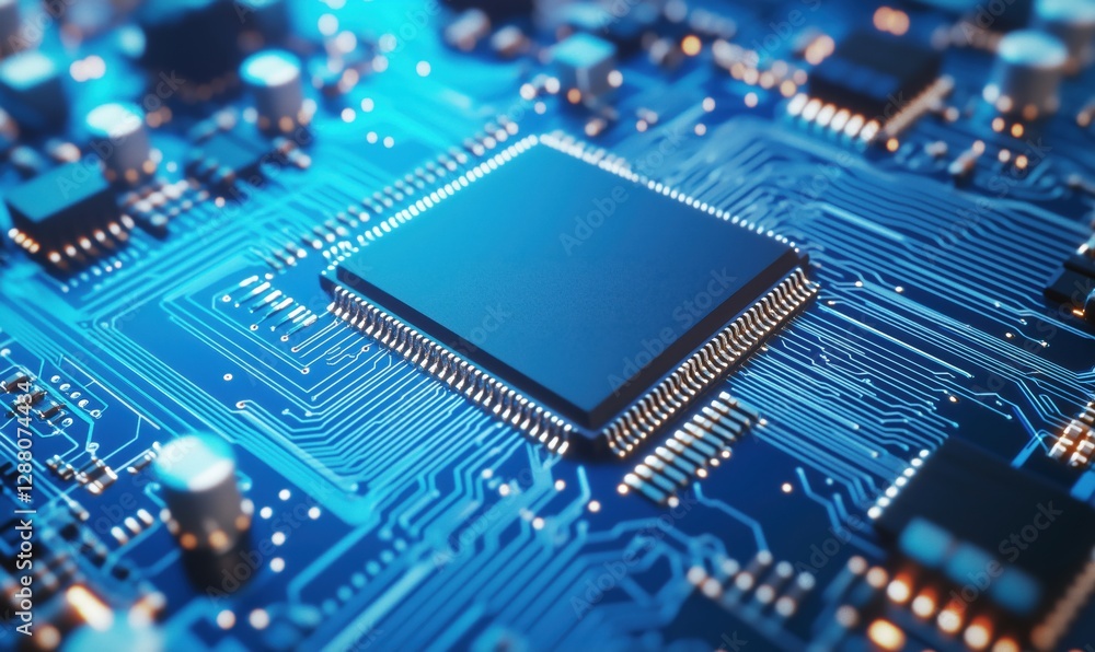 Poster microchip on circuit board with blue background and electronic components