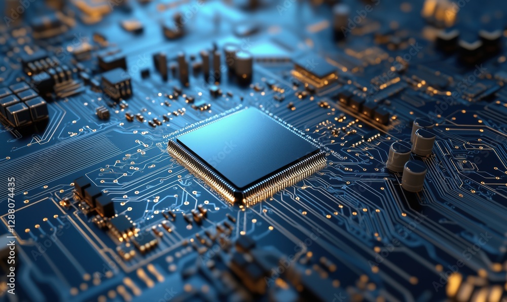 Poster close-up view of a modern microchip on a circuit board with intricate details