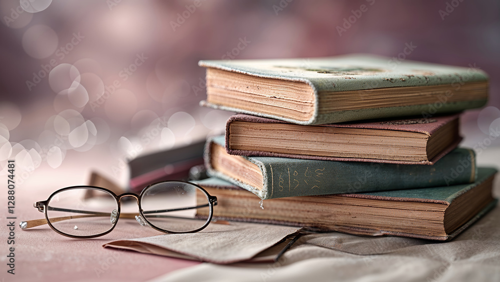 Poster old books and reading glasses create a cozy atmosphere for learning in a soft, diffused light settin