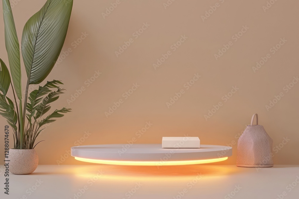 Aufkleber clean floating podium in 3d highlights an illuminated product with text space.