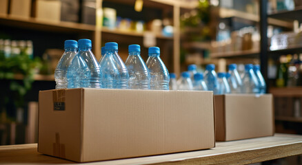 Cardboard boxes contain neatly arranged plastic water bottles on a wooden surface in a storage or retail environment, indicating organized stock