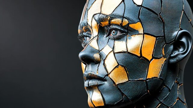 Artistic woman with gold and black kintsugi makeup posing