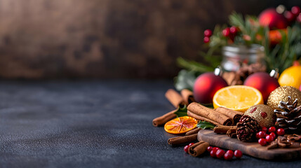 Festive Christmas Food and Decorations on Dark Background