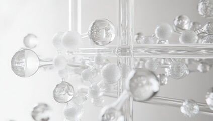 Abstract close-up of a complex structure of interconnected glass spheres, reminiscent of a molecular model. The monochromatic palette and smooth textures create a sense of serenity and precision.