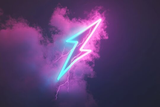 vibrant 3D thunder symbol adorned with holographic effects on a cosmic scene