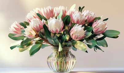 Fototapeta premium Beautiful bouquet of protea flowers in elegant glass vase with lush green leaves