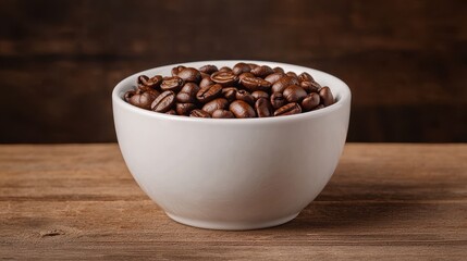 Freshly Roasted Coffee Beans in a White Bowl on Rustic Wooden Table Background