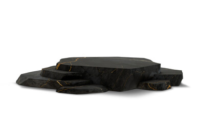 Black glossy marble plinth stacked on a jet black background. Gold veins in the stone create a luxurious and striking look to the plinth. Perfect for use as a backdrop for product or artwork presentat