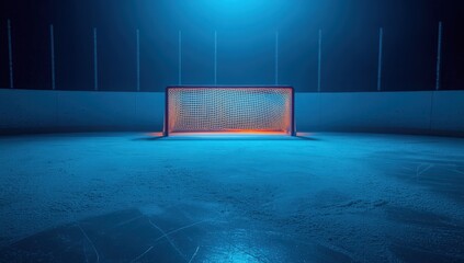 Empty hockey rink at night.  A single goal stands under a dramatic blue light, creating a sense of anticipation and stillness.