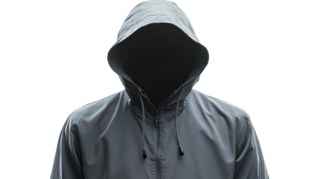 Mysterious figure in a hooded jacket against a plain white background evokes intrigue and anonymity
