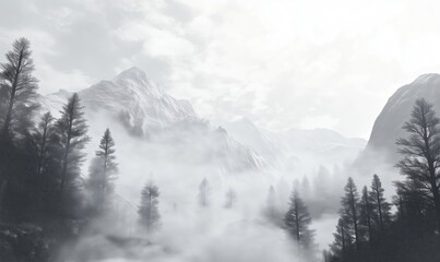 Obraz premium Misty Mountain Landscape with Pine Trees and Snow-Capped Peaks